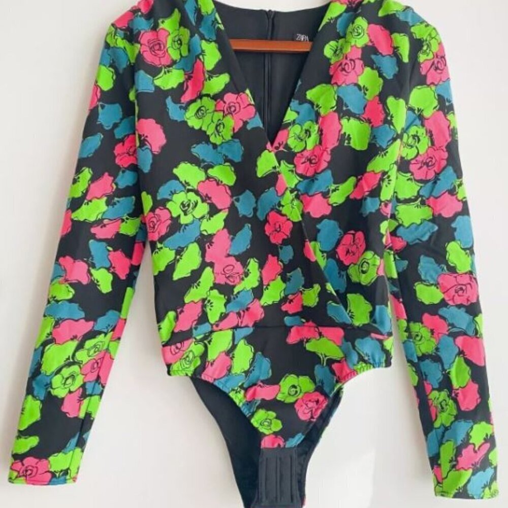 ZARA NEON COLOURS FLORAL LONG SLEEVE BODYSUIT SIZE L 7385 009 800